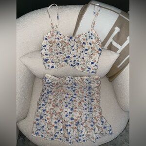 Blush Peach Dusty Blue Floral Cream Ruched Tank Skirt Set